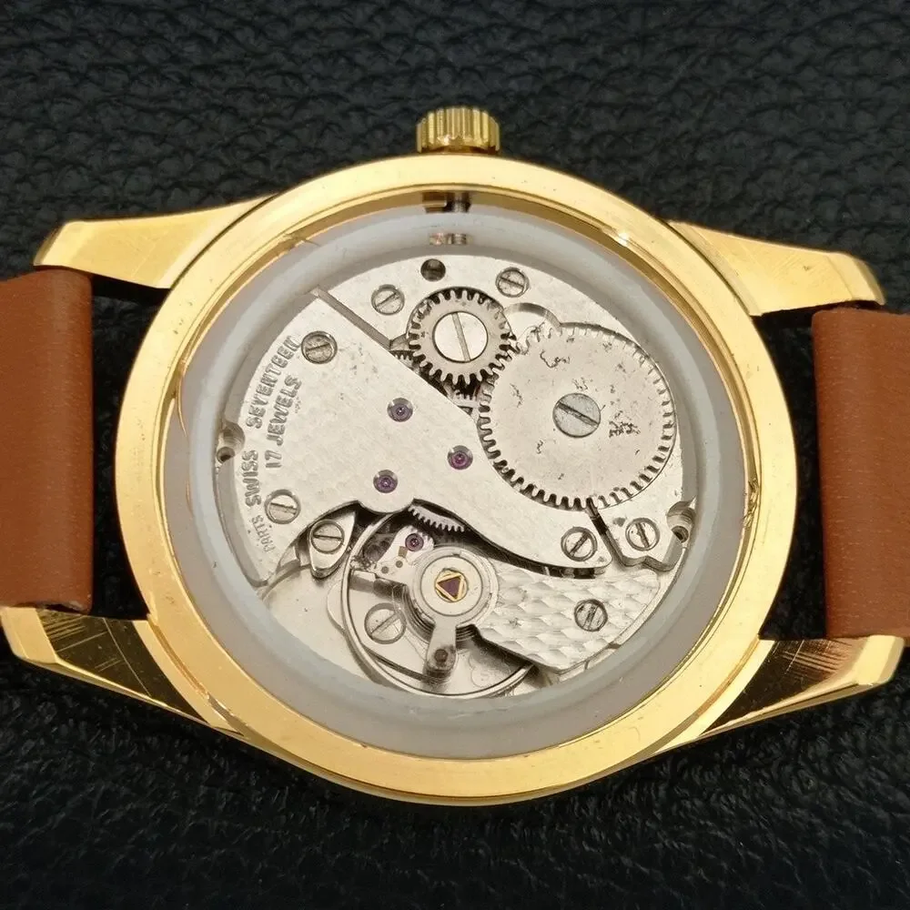 Vintage 1973 Roamer Manual Mens Gold Watch W/Leather Strap & Silver accents